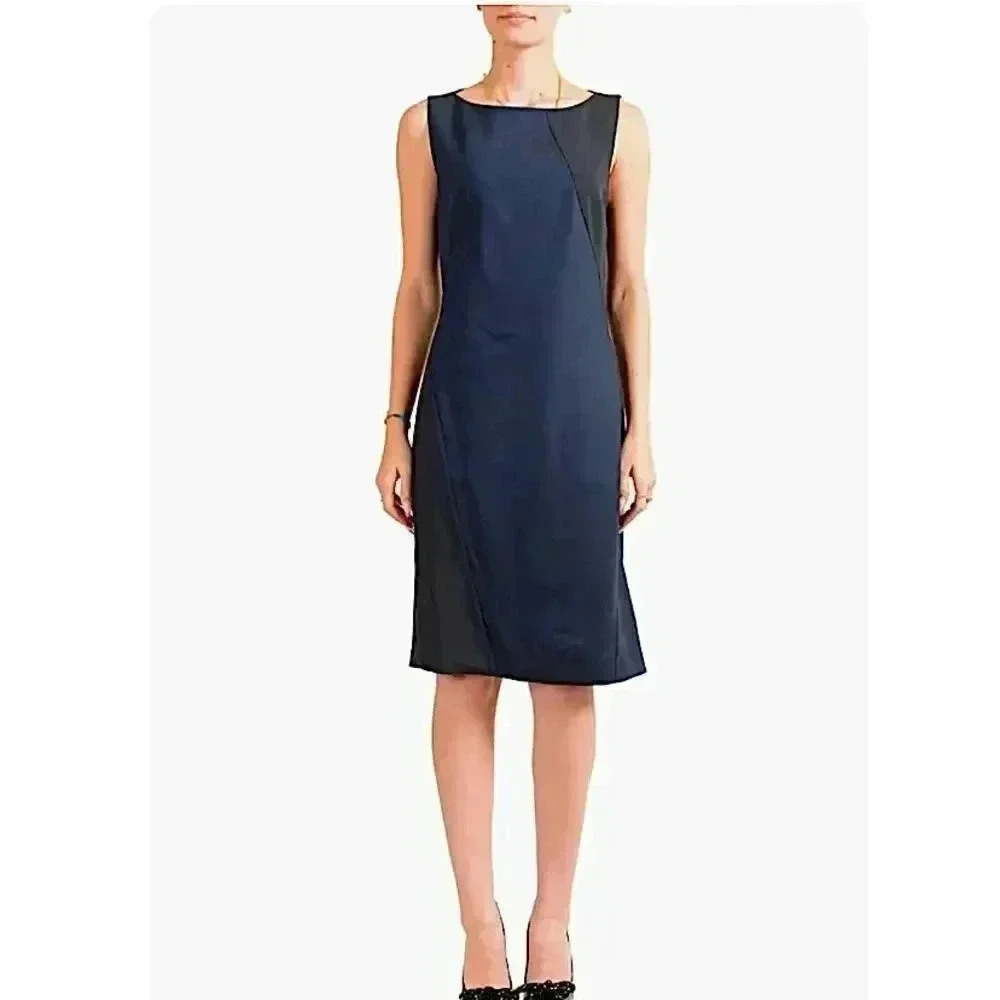 Hugo Boss Stretch Wool Midi Dress Designer Career Wear Size 6 Navy Blue